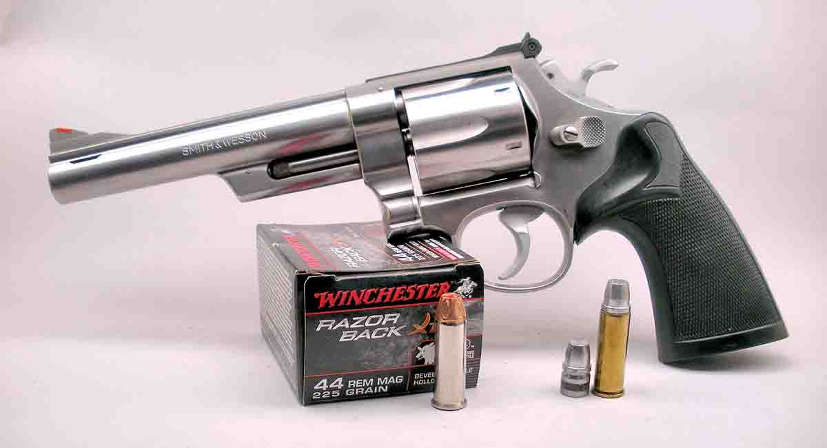 The popularity of the Smith & Wesson Model 29 and 629 .44 Magnum has benefitted from a long list of factory loads, like the more recent Winchester Razor Back and handloads with a variety of cast bullet designs, such as the Lyman/Keith semiwadcutter. After-market features include Pachmayr presentation stocks and Mag-na-ported barrel to help control recoil with heavy loads.
